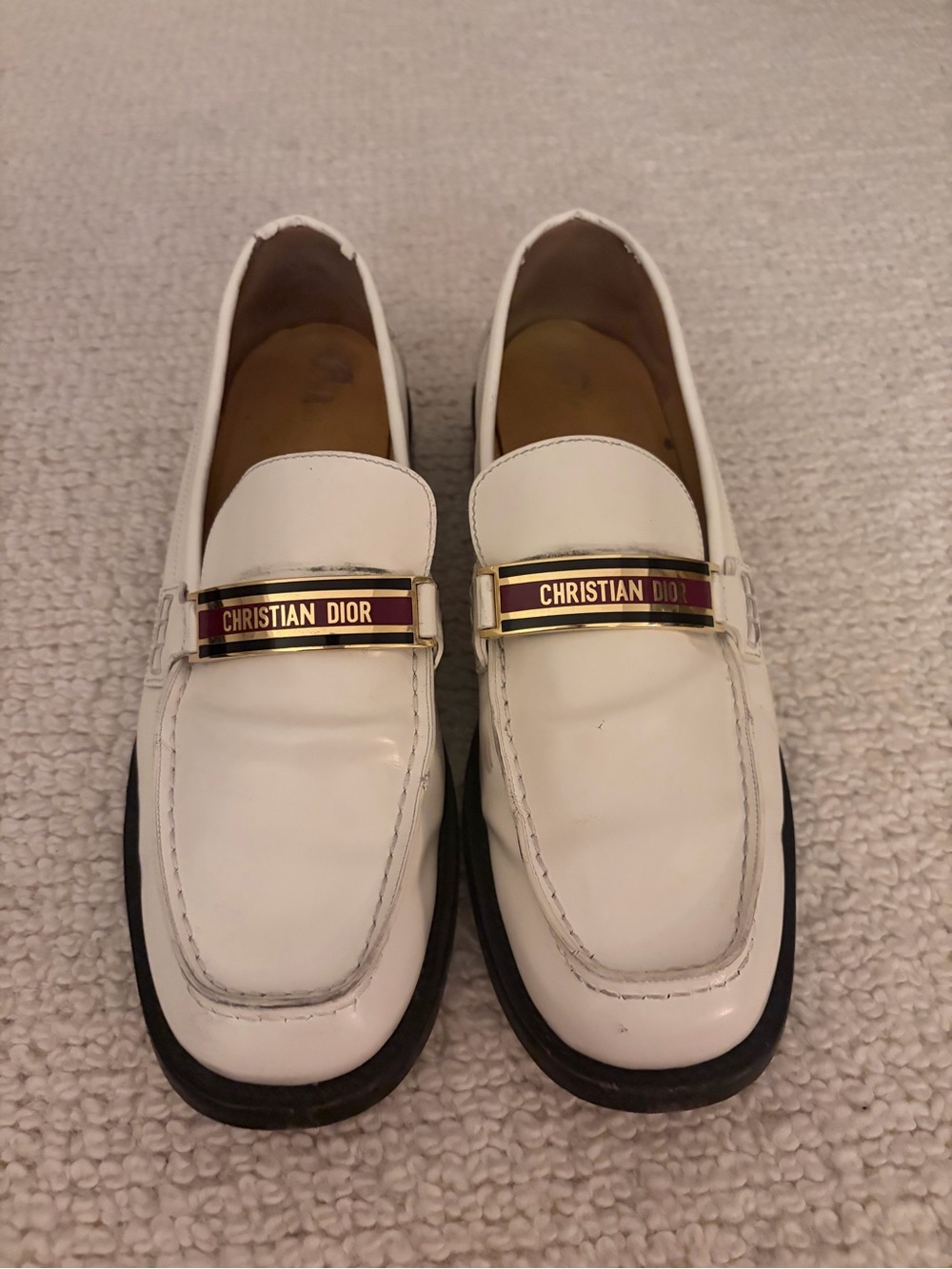 Dior White Leather Loafers with Gold-Tone Logo Bar